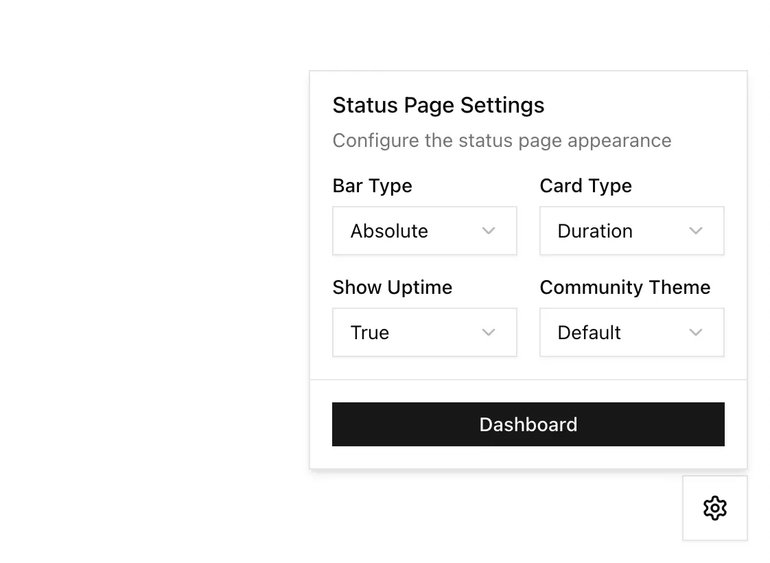 Status page floating configuration popover